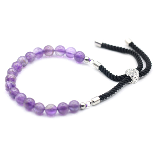 925 Silver Plated Gemstone Black String Bracelet - Amethyst